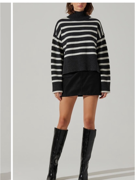 Astr Sweaters - Astr Striped Charcoal & Cream Turtleneck Sweater